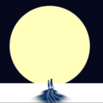 A graphic of a large moon in front off what appear to be two skiers and their shadow on the snow